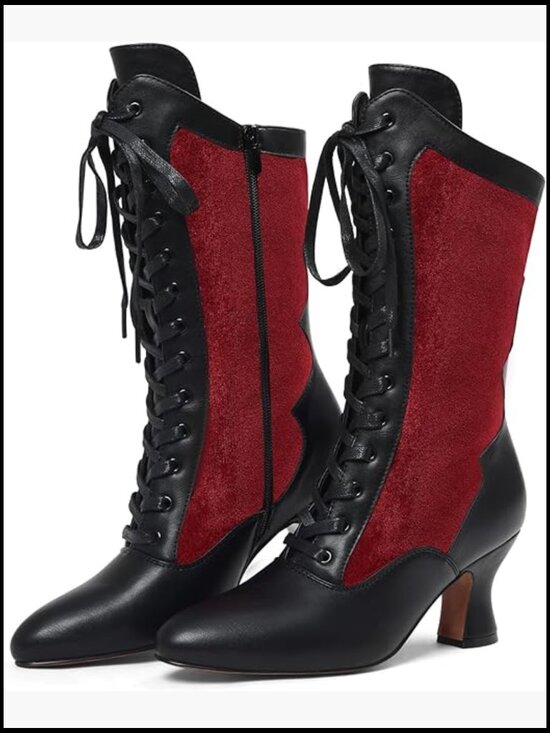 Shoes - Victorian Medieval Mid-Calf Boots Lace Up Side Zipper Kitten Heels Cosplay Shoes